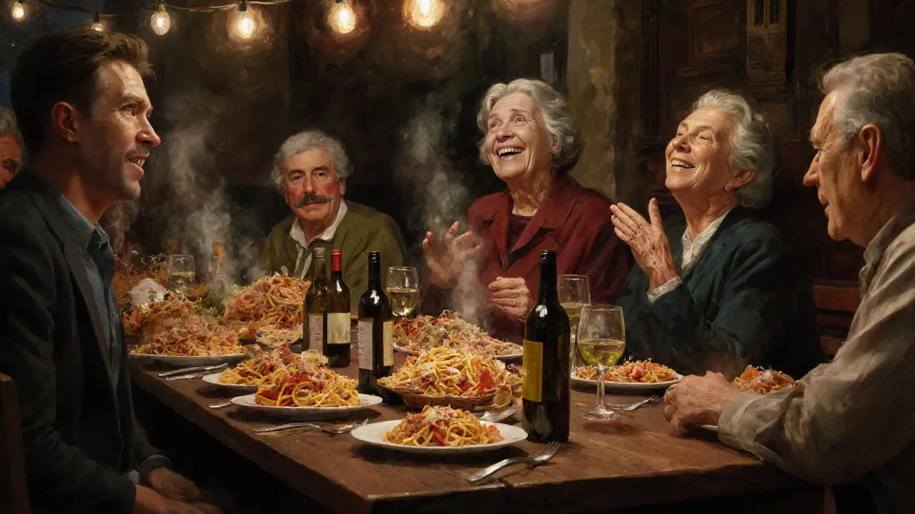A family dinner in Rome with food-filled tables and warm string lights.