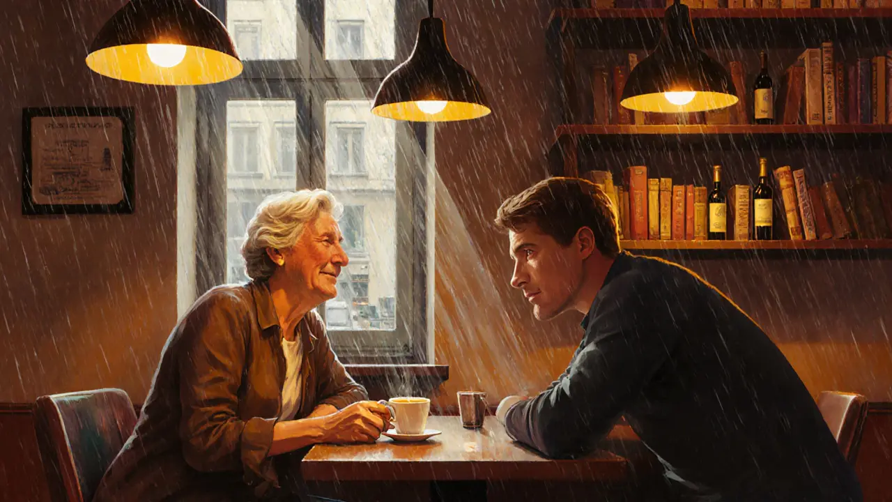 A mature woman and younger man share a quiet laugh in a cozy Berlin café over coffee.