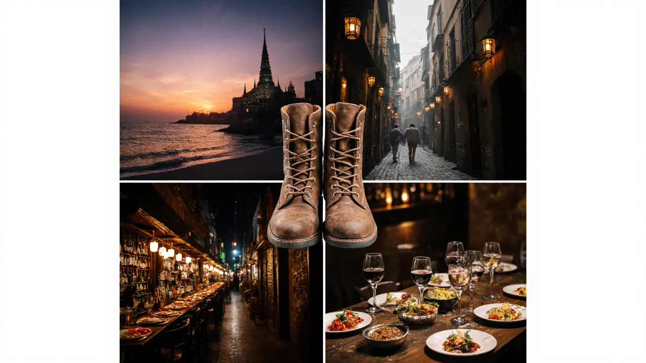 A mosaic of global nightlife scenes centered around a pair of travel boots, representing connected journeys abroad.