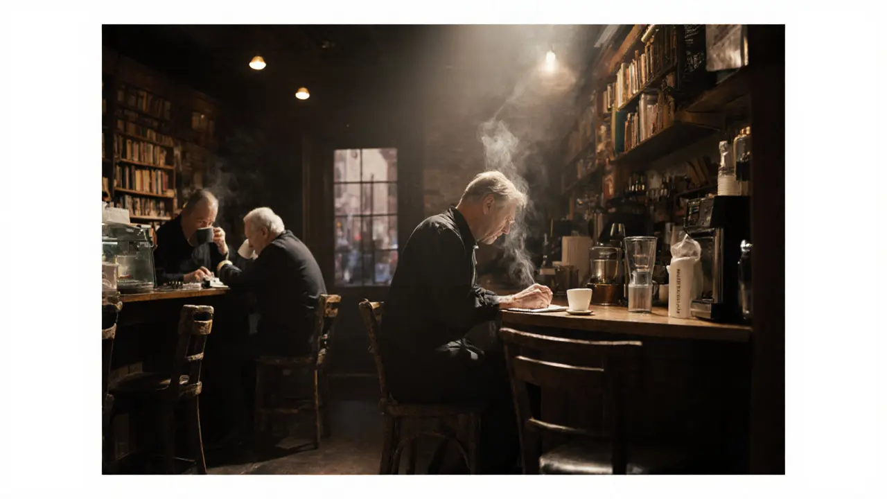 A quiet 24-hour coffee shop at 2 a.m. with patrons reading and writing in warm, soft light.