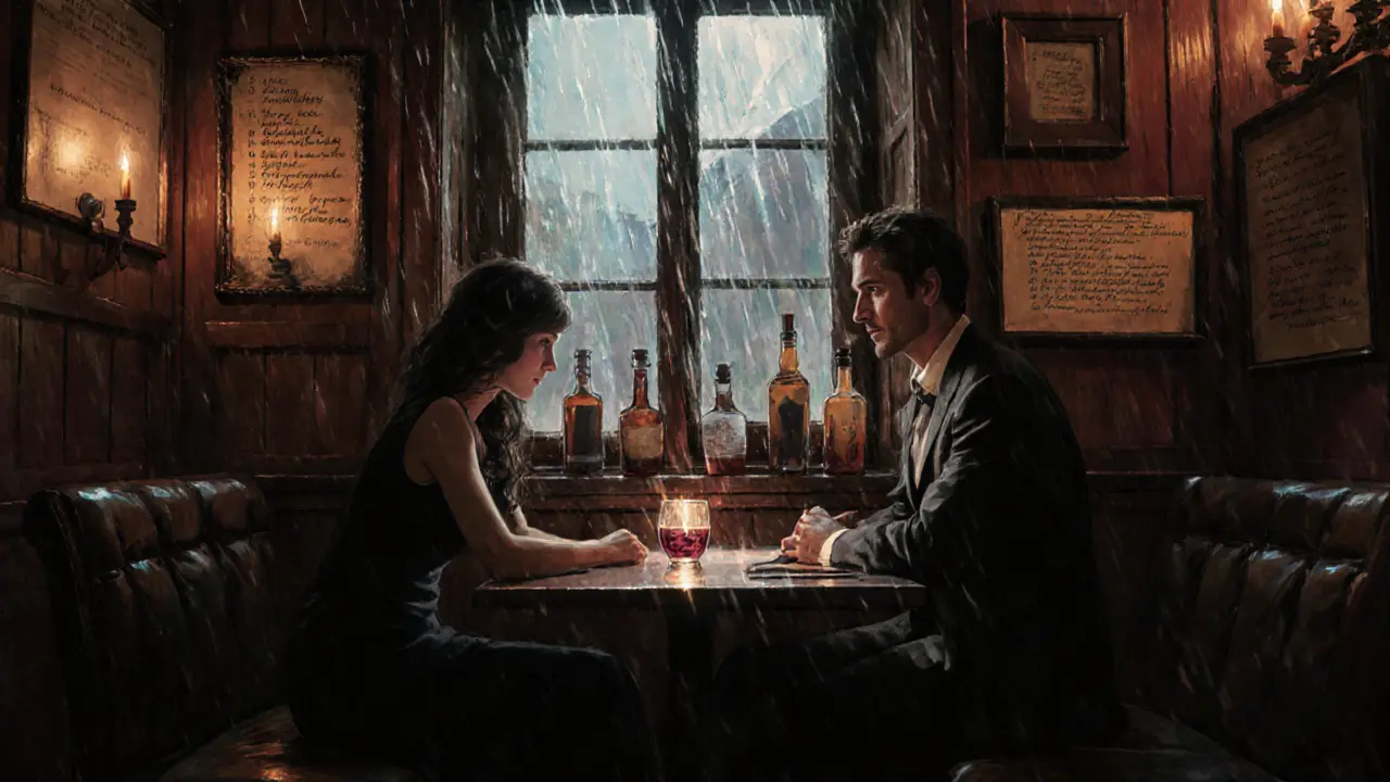 A woman and a local host sharing a drink in a cozy Lisbon fado bar with warm candlelight and vintage decor.