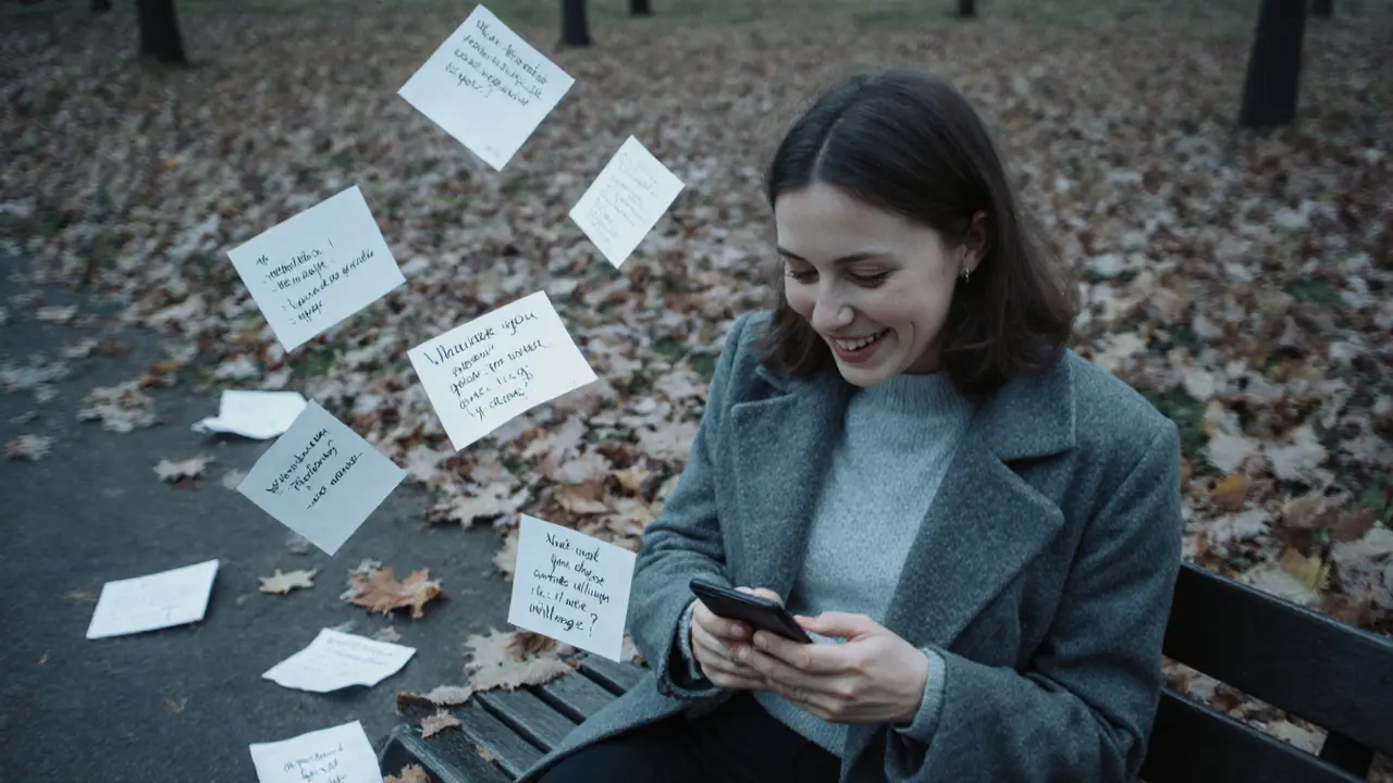 A woman in Copenhagen reading a sincere message on her phone, while generic pick-up lines blow away in the autumn wind.