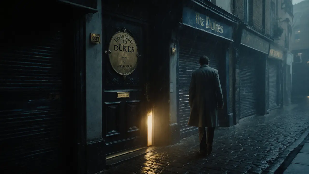 An unmarked door in a foggy London alley with a faint golden glow, hinting at a hidden speakeasy.