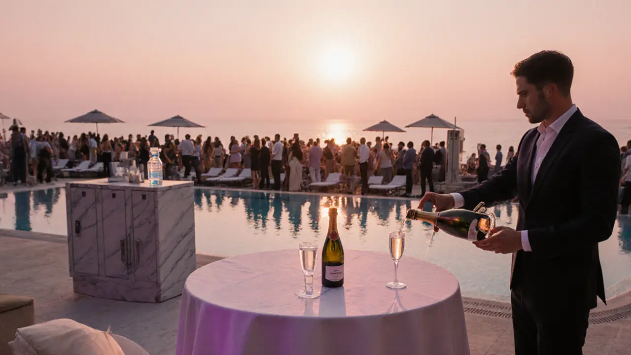 Cinematic sunrise scene on the VIP Terrace with champagne bottles, elegant table, and sunrise backdrop.