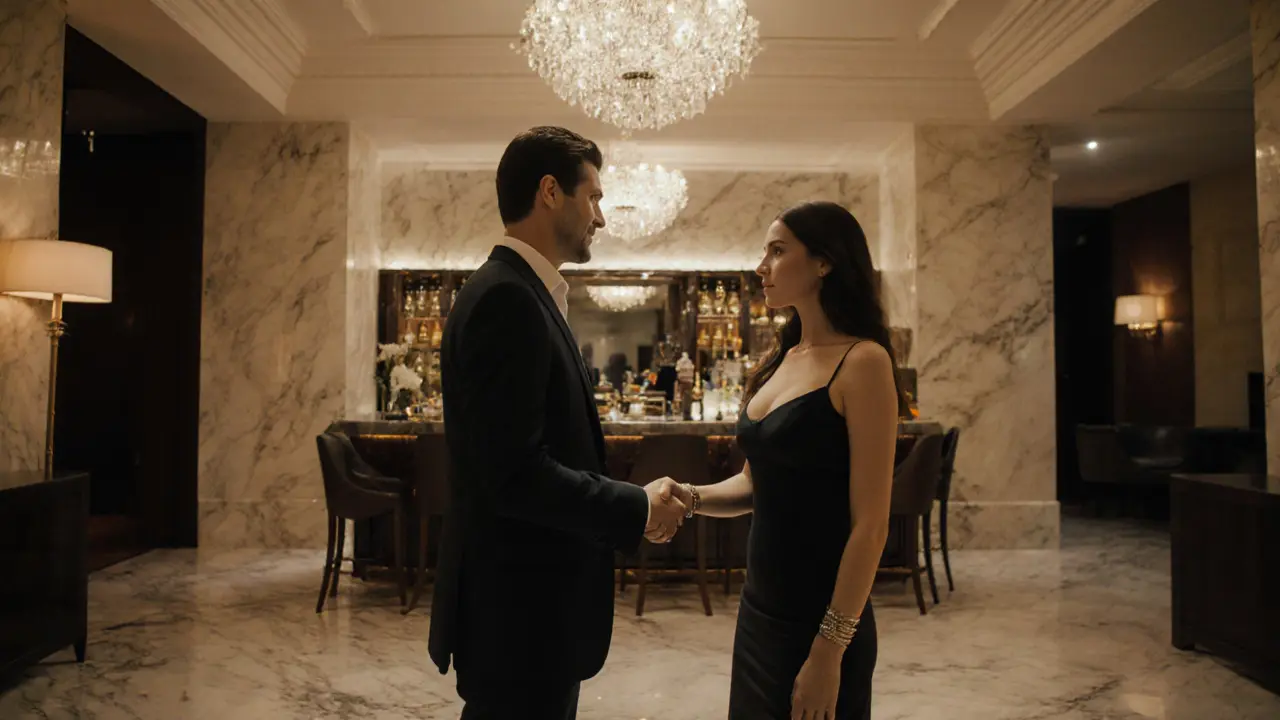 Client and Eurogirl escort handshake in an upscale hotel lobby.