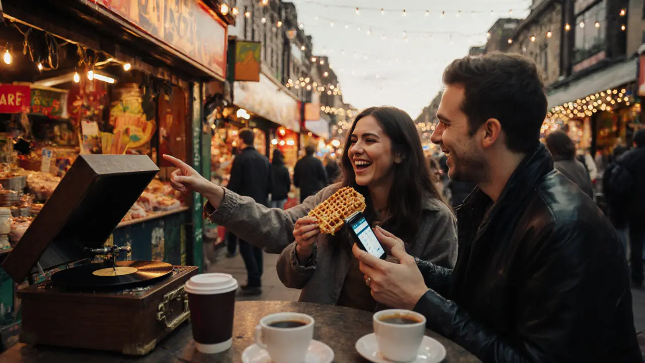 Couple sharing a Belgian waffle at Camden market, laughing with fair‑light atmosphere and split bill hint.