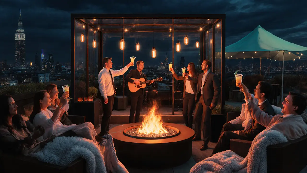 Cozy private rooftop lounge with fire pit, heated blankets, and guests toasting in October.
