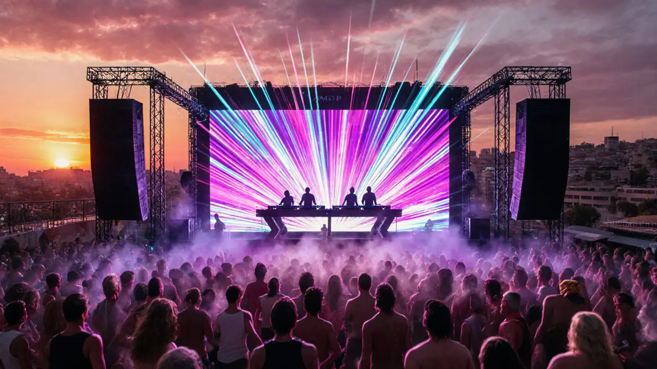 Digital illustration of Amnesia Terrace during a Sunset Session with neon lights and massive LED wall.