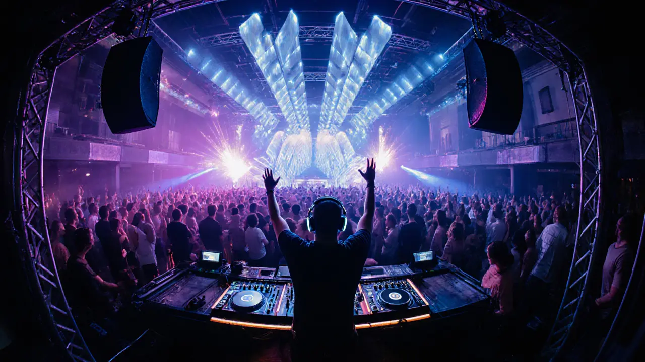 DJ mixing on a lit console with crowds dancing under vibrant LED lights.