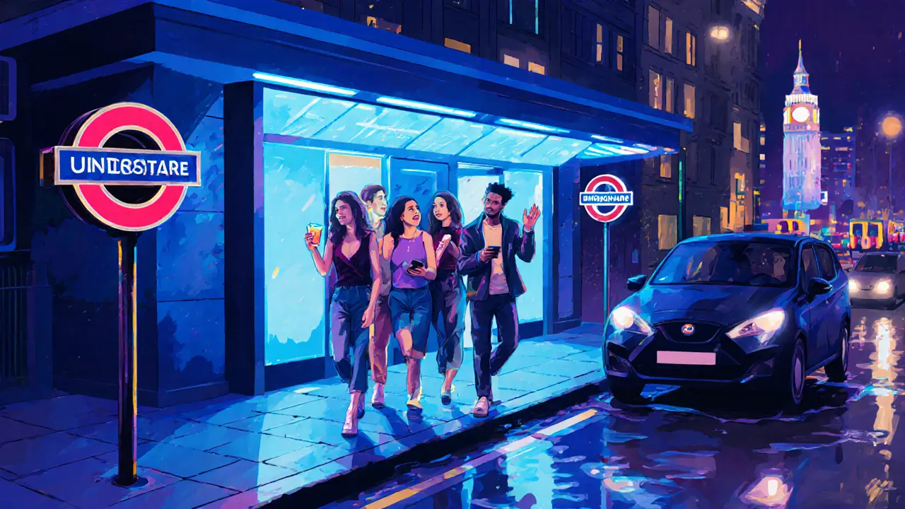 Friends leaving a venue, using Night Tube and rideshare, holding a drink safely.