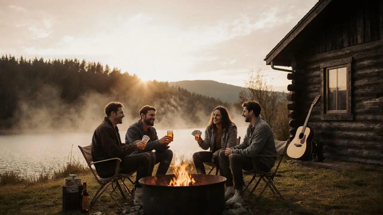 Friends relaxing by a firepit at a countryside cabin, sipping beer under golden hour light.