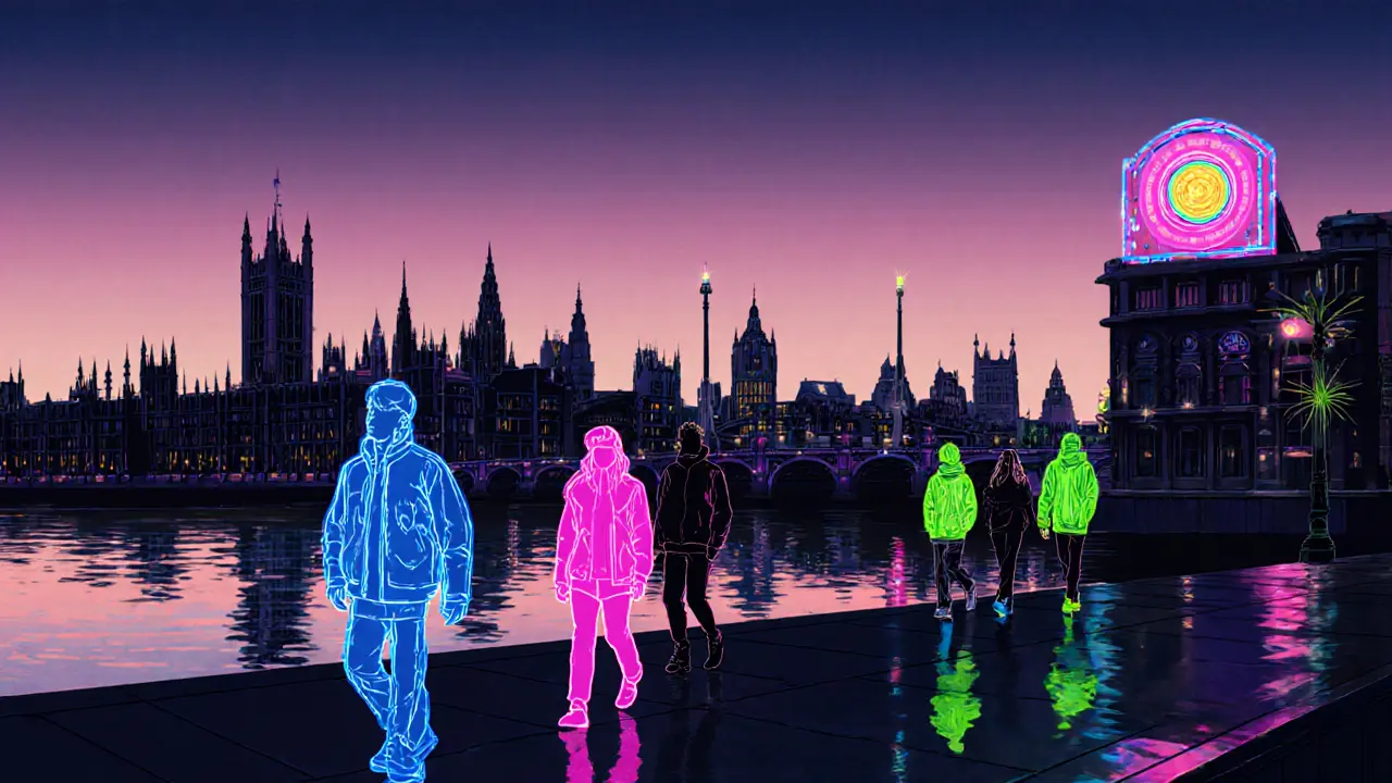 Friends walking along the Thames at dawn, neon outlines against a city skyline.