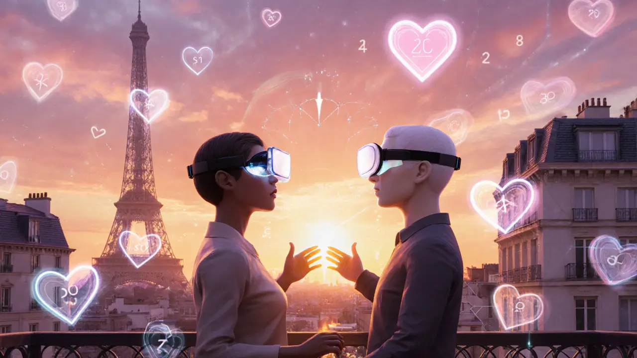Futuristic AR video date on a virtual rooftop with holographic hearts.