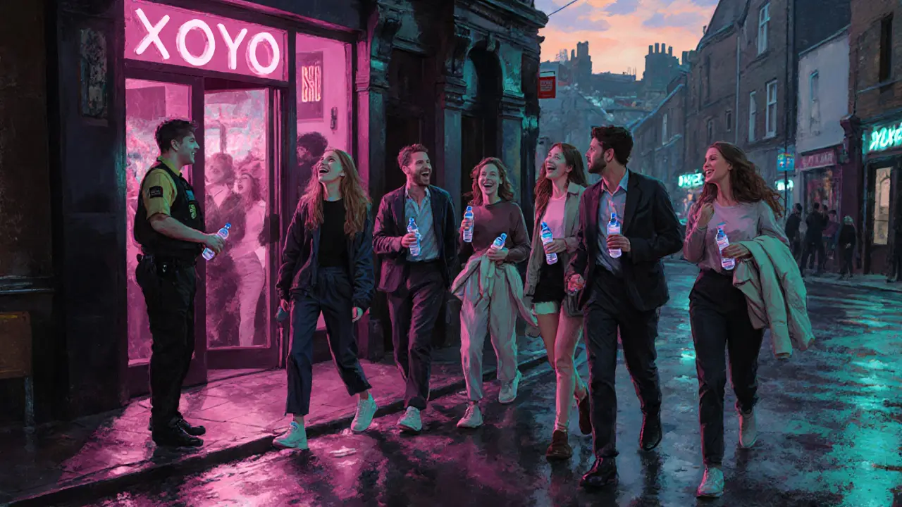 Group of friends leaving XOYO after a night, street illuminated by neon and early dawn.