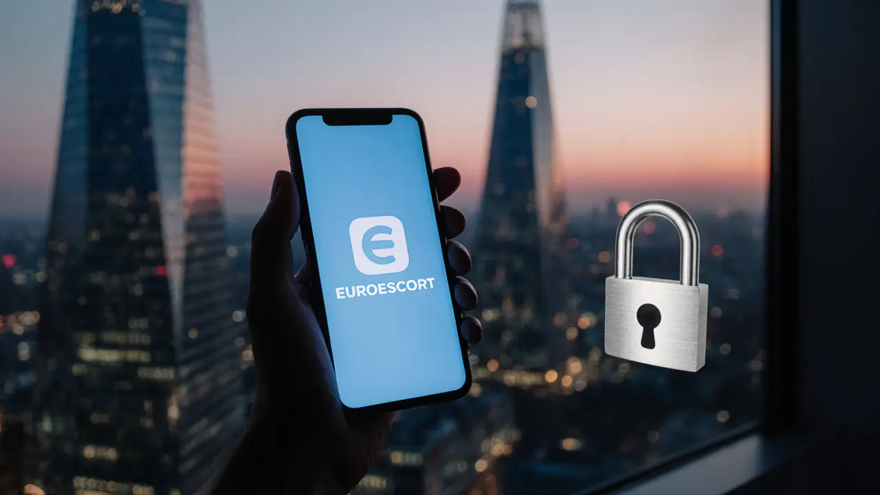 Hand holding a smartphone with a glowing lock symbol, London skyline at twilight behind.