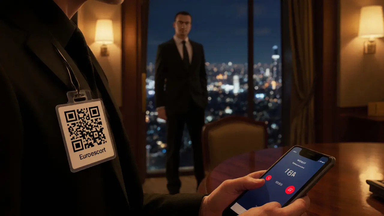 Hotel lounge at night with companion holding QR badge and phone showing SOS, plus a security guard nearby.