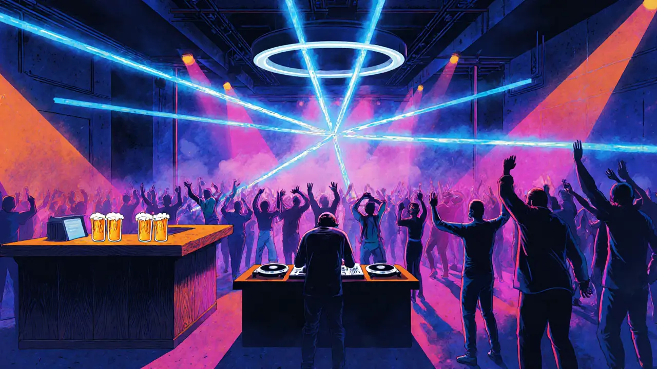 Illustrated electronic night at Corsica Studios with a DJ under neon strobe lights and dancing crowd.