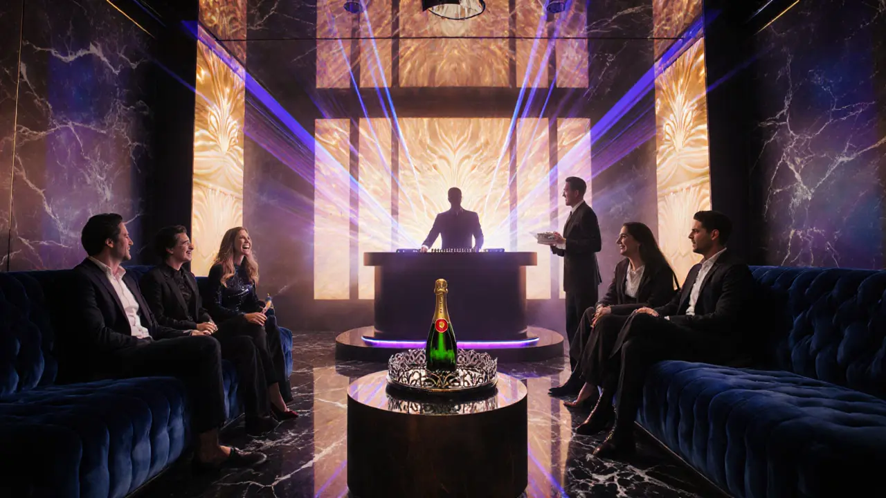 Luxurious VIP lounge with LED walls, DJ booth, and guests enjoying champagne.