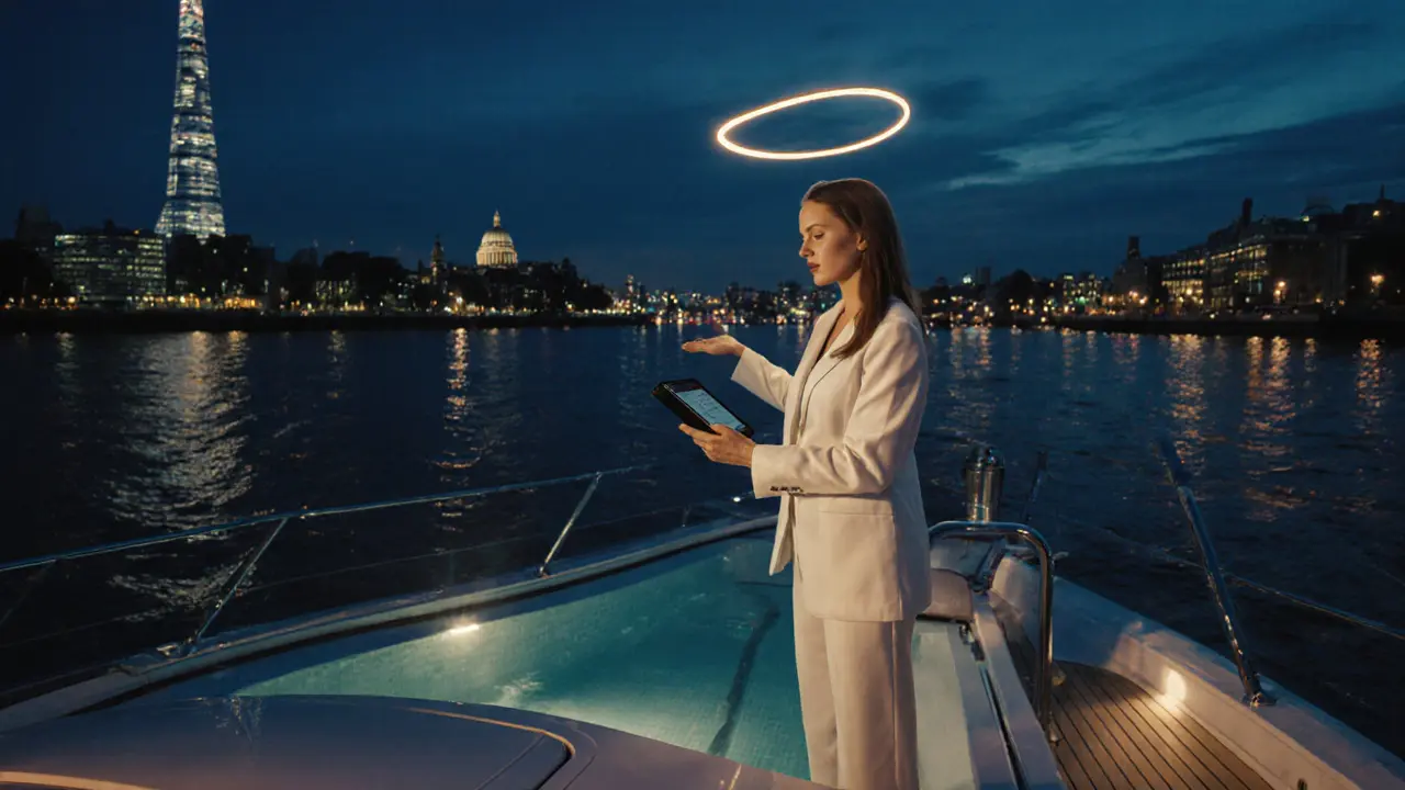Luxury companion in a white jumpsuit reviewing a tablet on a yacht with the London skyline at dusk.