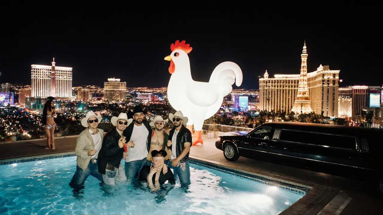 Men in cowboy hats posing on a Vegas rooftop with a giant inflatable chicken and city lights.