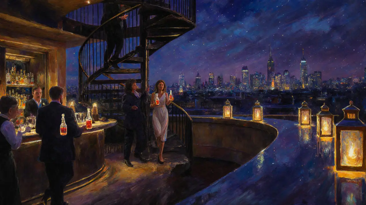 Night rooftop party with guests descending stairs holding miniature cocktail bitters keepsakes.