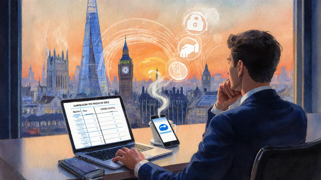Person at a desk by a London window, reviewing a laptop comparison and phone app for Euroescort vs agency.