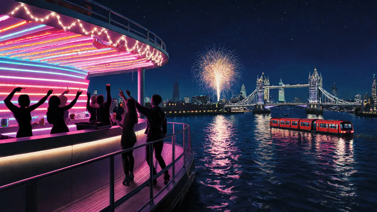Riverside party on the Thames with neon lights, dancing crowd, and Night Tube train nearby.
