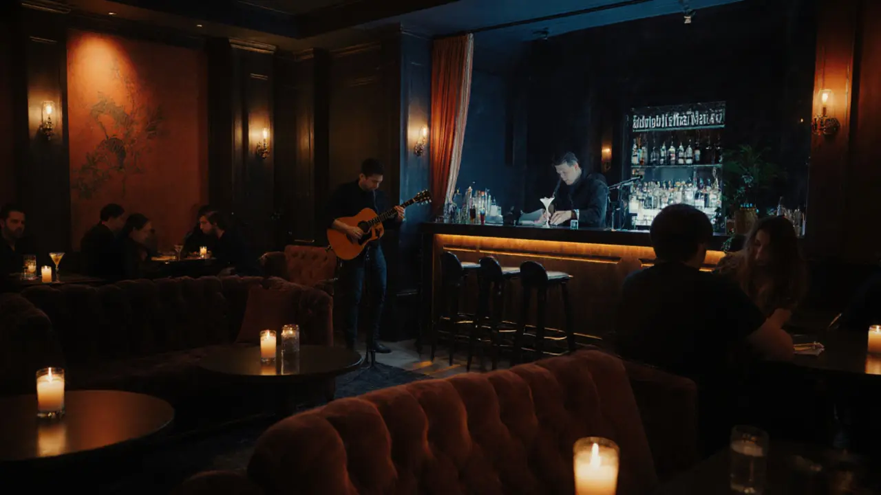 Soho night cafe lounge with plush couches, live acoustic guitarist, and bartender making a cocktail.