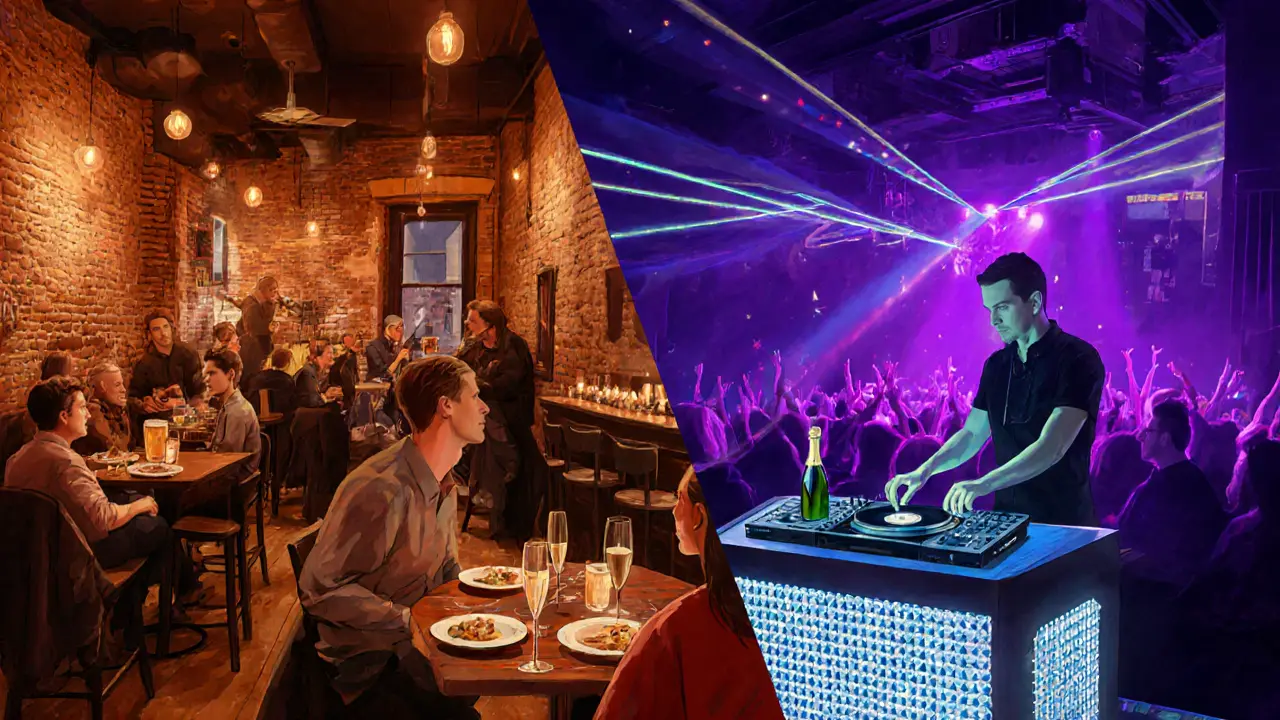 Split scene showing a Shoreditch bar with live music and a Soho nightclub with laser lights.
