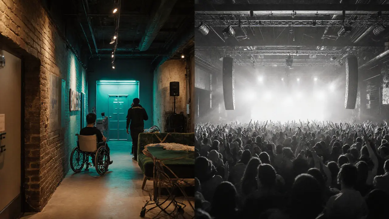 Split‑screen artwork comparing Corsica's intimate, accessible space with Fabric's large, high‑energy hall.