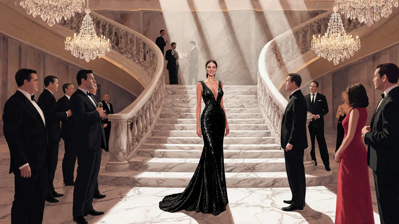 Stylized illustration of a companion in a black gown hosting a VIP gala on a marble staircase.