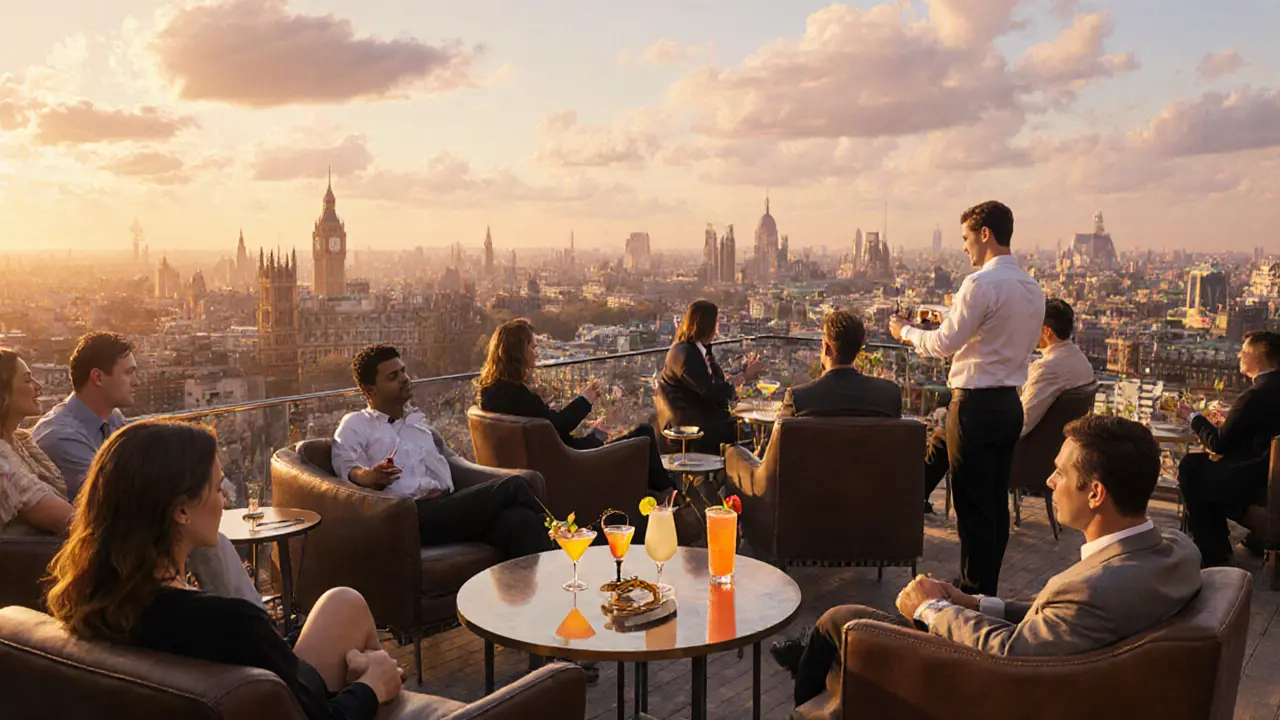 Sunset rooftop bar in London with friends enjoying discounted cocktails and city skyline.