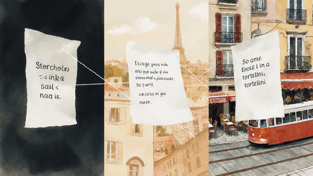 Three European city scenes with culturally tailored first messages floating in the air, connected by a single thread of light.