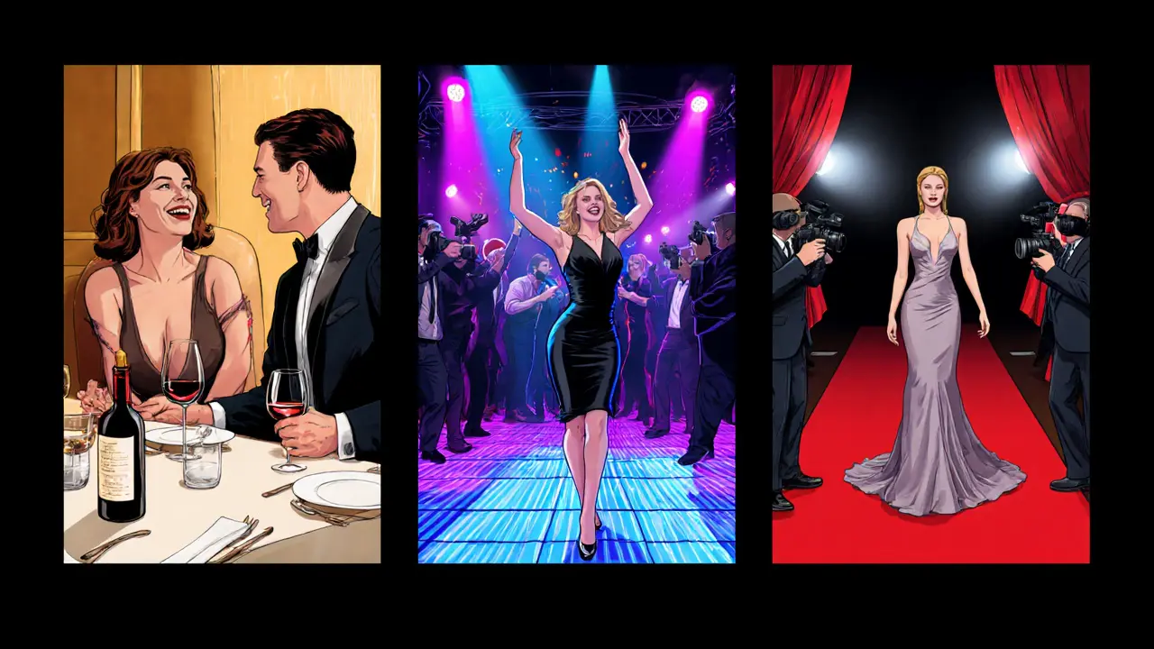 Triptych illustration showing dinner, nightclub, and gala experiences with a European escort.