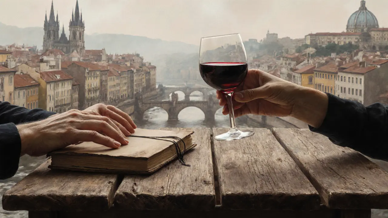 Two hands reach across a wooden table—one holding a journal, the other a glass of wine.