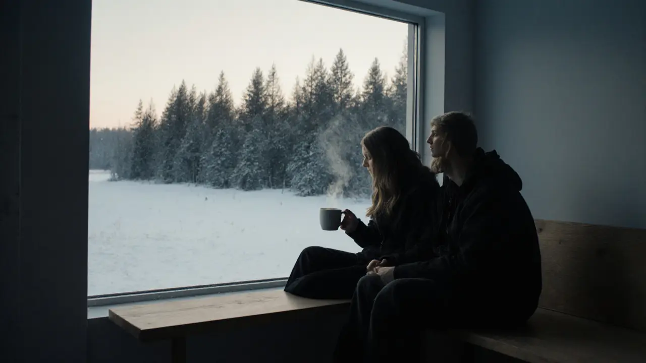 Two people sitting in quiet silence by a window in a Nordic home at dawn.