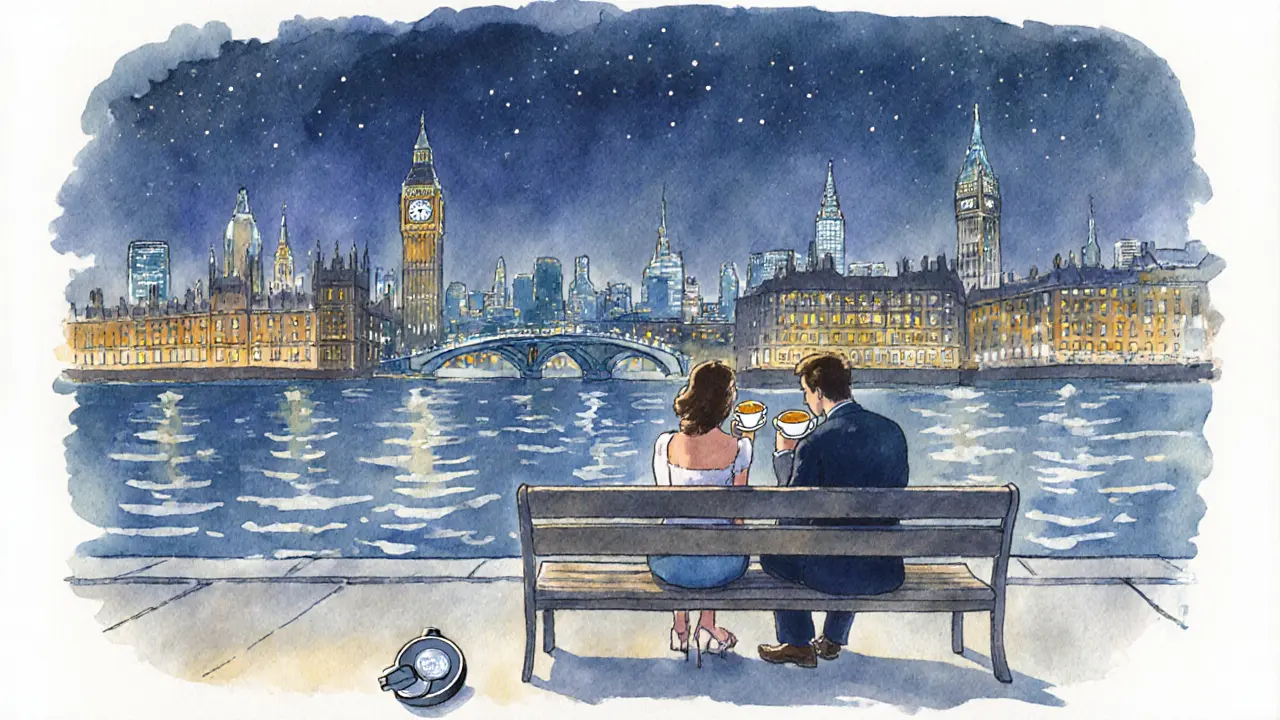 Two people sitting on a riverside bench at night, with a safety alarm on the seat.