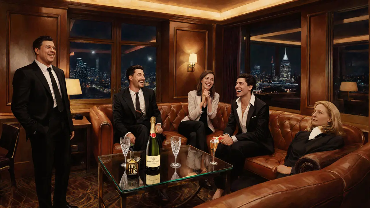 VIP lounge with champagne bottle, two friends in smart‑casual attire, and city skyline.