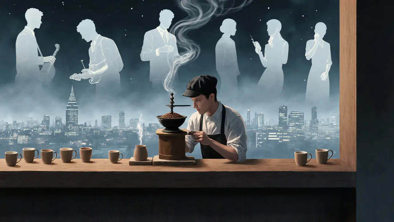 A conceptual scene of a London night cafe blending Ethiopian coffee rituals with floating silhouettes of night owls.