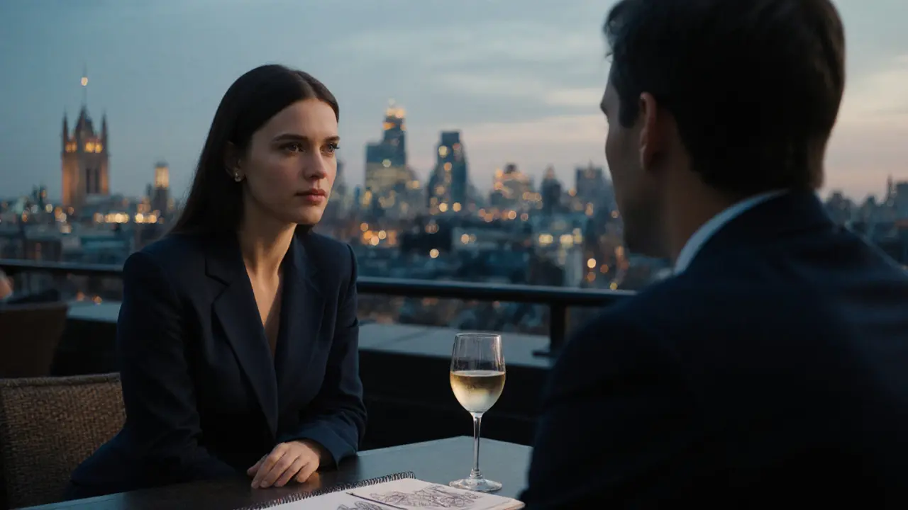 A couple on a Mayfair rooftop at dusk, talking over wine, sketchbook with city drawings on the table.