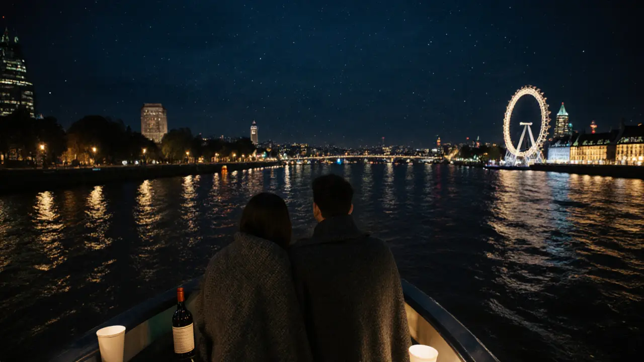 A couple on a midnight ferry along the Thames, wrapped in a blanket as city lights shimmer on the water.