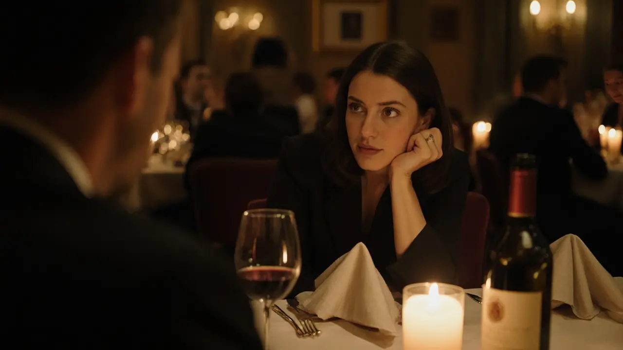 A couple sharing an intimate dinner in Vienna with candlelight and wine, deep in conversation.