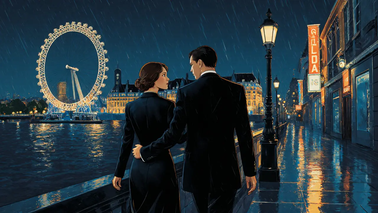 A couple strolls along the Thames at night, the London Eye glowing behind them in the rain.