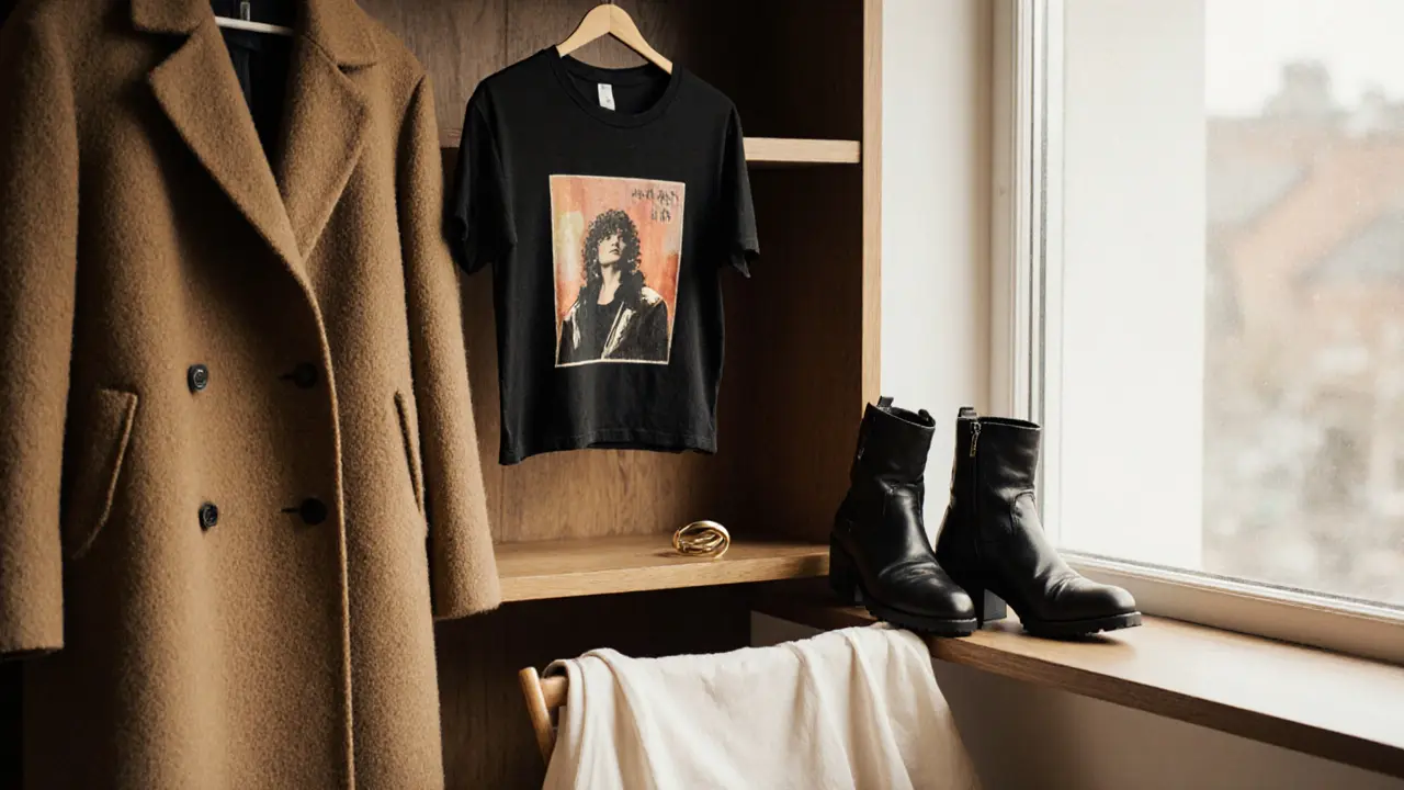 A curated eurogirl wardrobe on a wooden shelf: wool coat, boots, vintage tee, silk dress, and single gold ring—no logos, only texture.