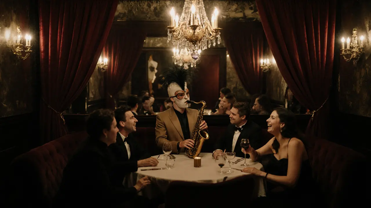 A dramatic cabaret performance at a luxurious Soho venue with a saxophonist in a feathered mask.