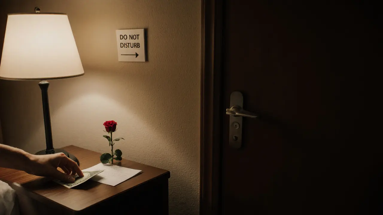 A €50 tip and a rose rest on a nightstand beside a closed door, symbolizing a respectful end to an encounter.
