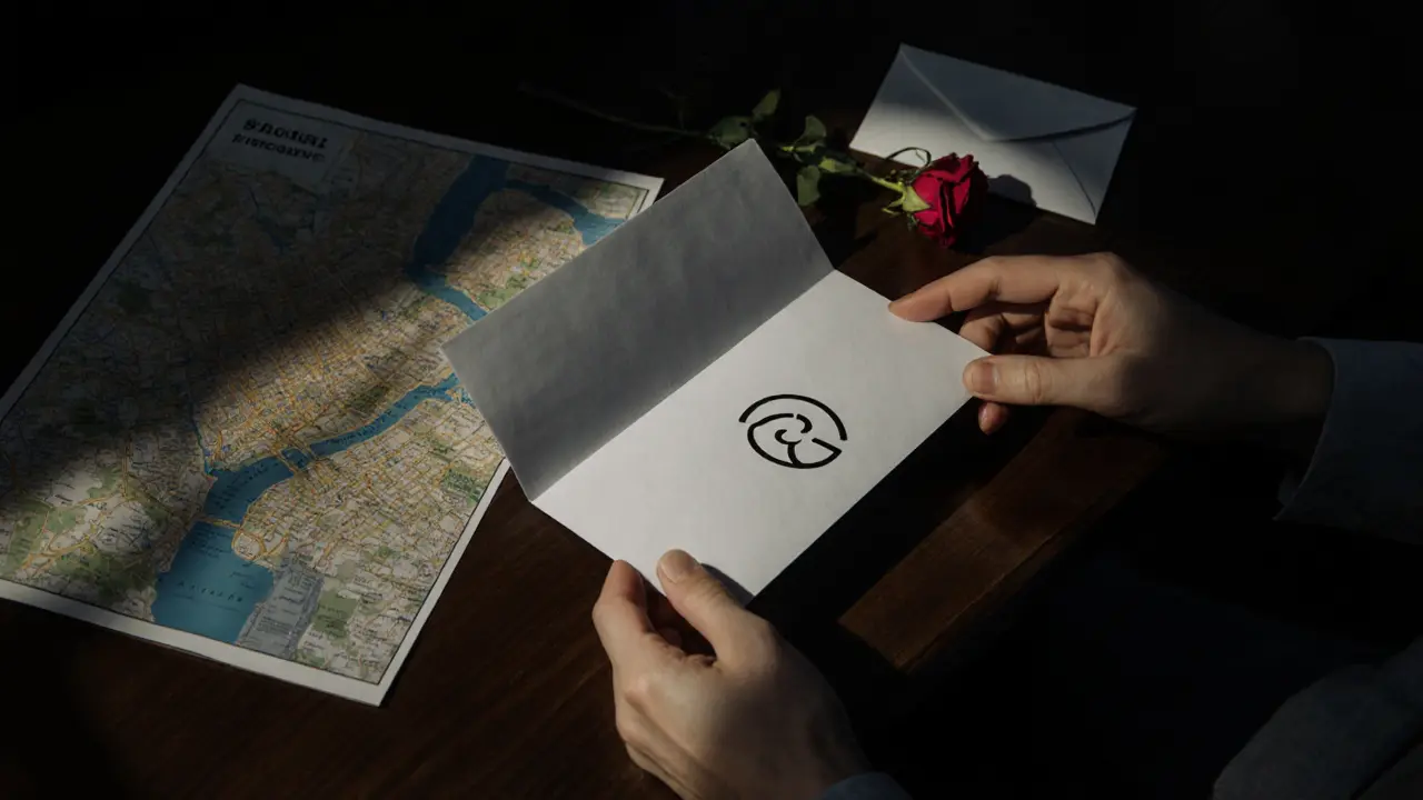A folded note with a Signal icon, a map, and a rose on a wooden table, symbolizing discreet and thoughtful connection.