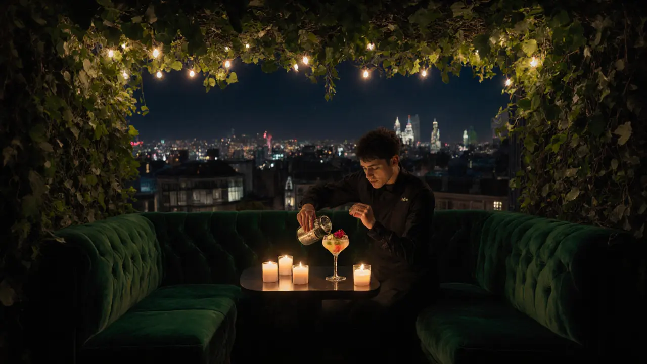 A hidden rooftop garden bar with candlelight, velvet sofas, and glowing fairy lights.