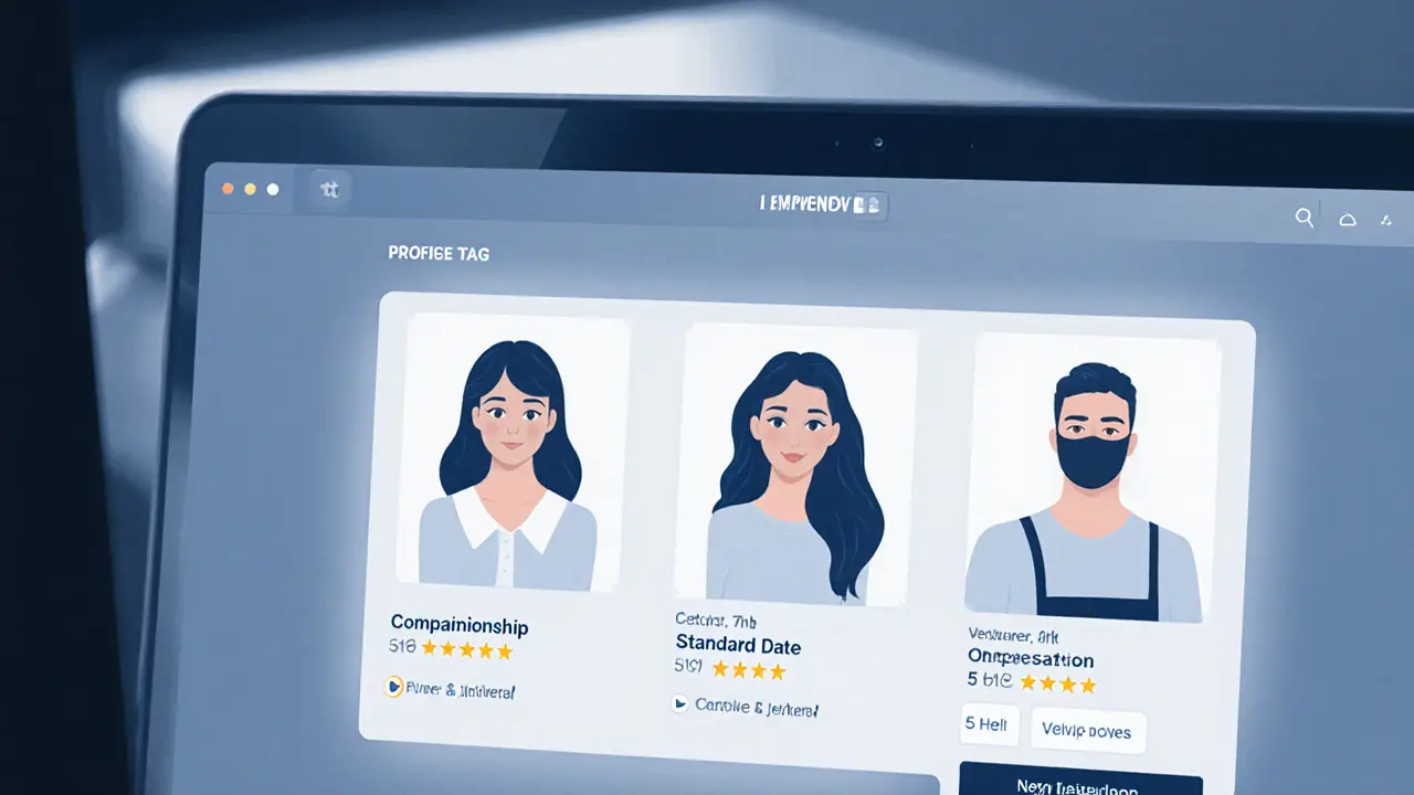 A laptop screen showing anonymized escort profiles with service types and reviews, clean and professional interface.