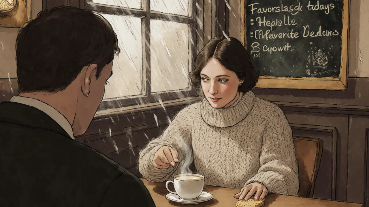 A local woman sets tea and a biscuit beside a man in a quiet London pub on a rainy morning.